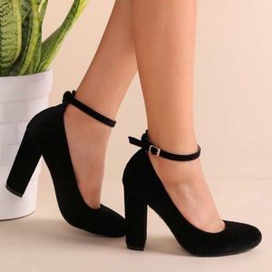 Black Velvet Heels with Gold Ankle Buckle